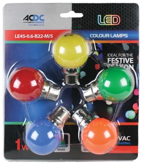 230VAC 1W B22 Lamp Ball Type Mixed Colour 5 Pack - eBululu.com