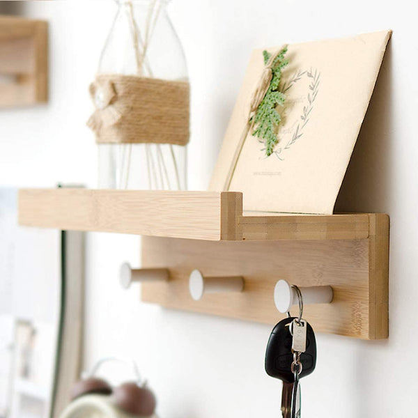 Wall Mounted Shelf Bamboo Wall Shelf Towel Holder Floating Shelf with Hooks