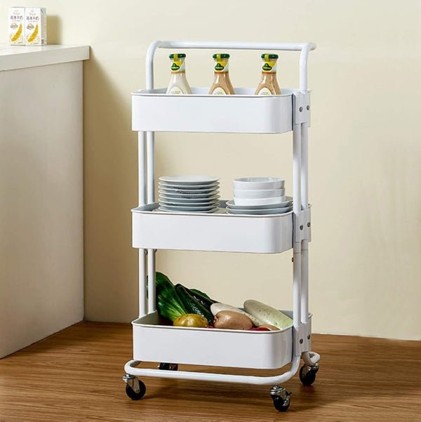 3 Tier Utility Rolling Cart Storage Organizer Cart Multi Functional Trolley Cart with 2 Lockable Wheels and Handle - eBululu.com