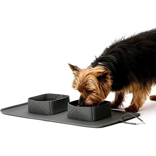 2 in 1 Portable Collapsible Double Pet Bowls Feeding Mat Set