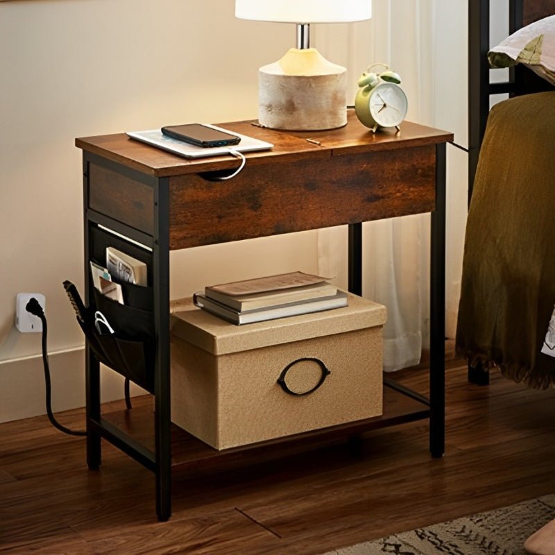 Side Table with Storage with Charging USB Ports Fabric Bags and Power Outlet - eBululu.com